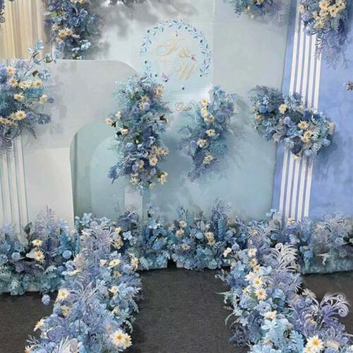 整套蓝色婚庆花艺仿真花婚礼布置排花路引花点花背景舞台装饰花