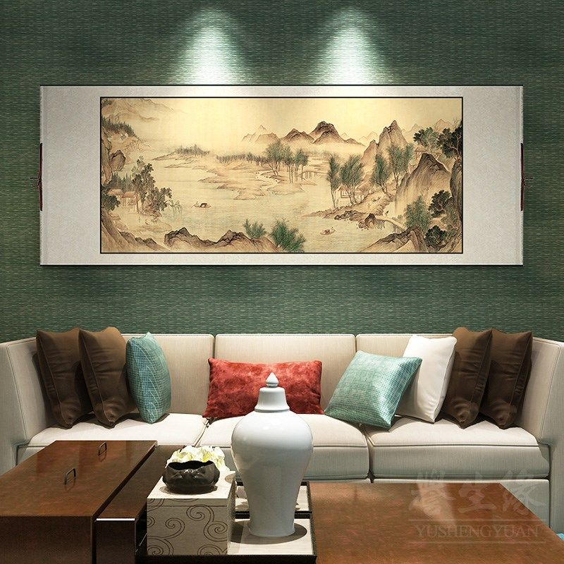 湖山春暖图明清古画中式挂画卷轴山水国画客厅装饰画餐厅书房壁画