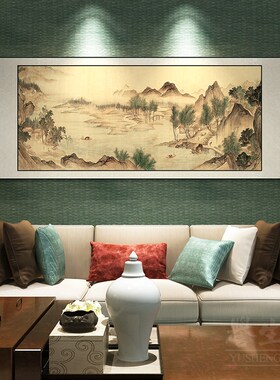 湖山春暖图明清古画中式挂画卷轴山水国画客厅装饰画餐厅书房壁画