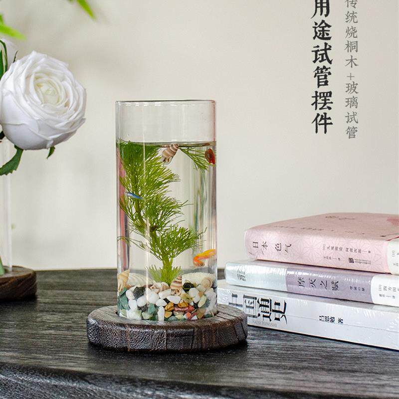 实木花瓶花器桌面微景观生态瓶水培摆件插花木质底座玻璃试管花瓶
