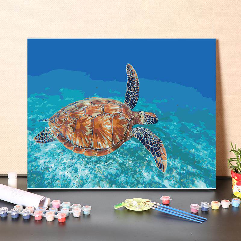 数字油画填充海洋动物海龟解闷手工填色大海风景装饰油彩画画