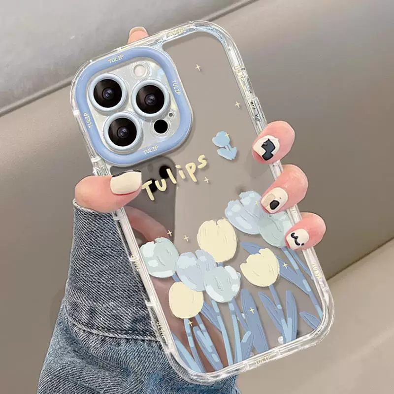 凤凤适用苹果16pro手机壳新女款15promax郁金香iPhone14plus透明奶油壳13镜面8/7p创意防摔xr硅胶12/11高级感