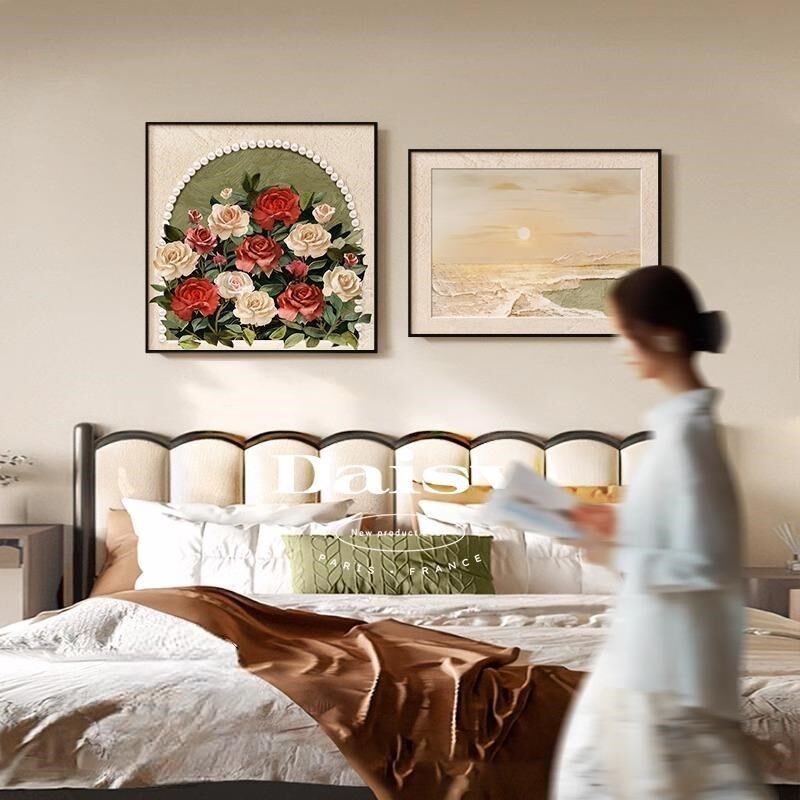 中古风卧室床头装饰画高级感餐厅壁画玫瑰海景花卉主卧房间墙挂画