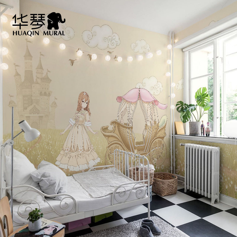 温馨公主房女孩卧室床头背景墙儿童房墙纸壁纸墙布壁布壁画定制