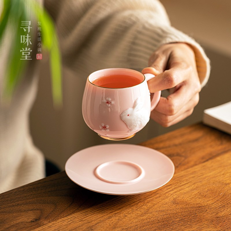 羊脂玉瓷手工堆白茶杯粉色女士主人杯女生品茗杯陶瓷茶具杯垫杯