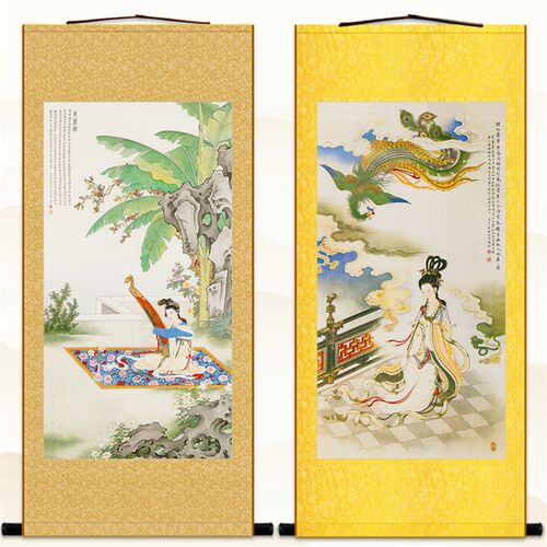 吹箫引凤图 箜篌图仕女抚琴人物卷轴挂画 书房绢布丝绸装饰画定制