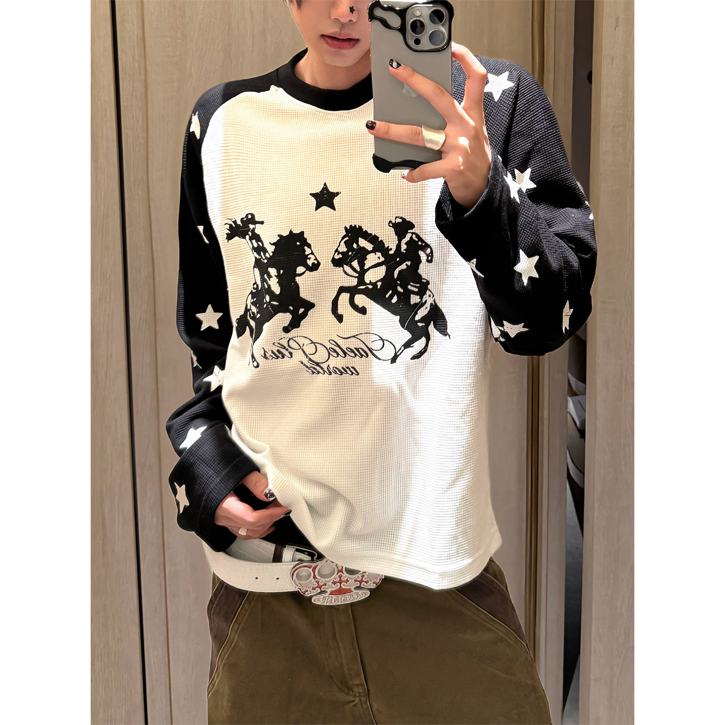 美式街头华夫格星星马术印花撞色长袖t恤男女复古慵懒风插肩卫衣