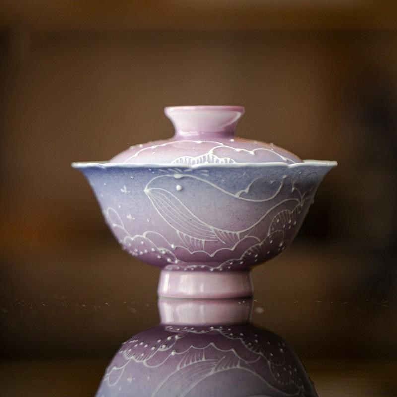 梦幻渐变紫手绘有田烧鲸鱼盖碗陶瓷功夫茶具仿宋花口高足泡茶碗