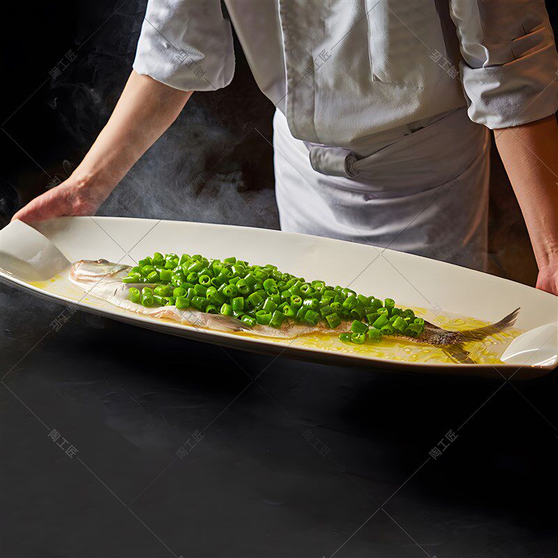 陶瓷特大号纯白长条形意境高端超大商用餐具特色白条翘嘴双耳鱼盘