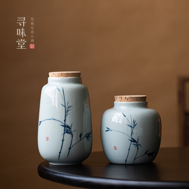 青灰釉手绘茶叶罐复古陶泥素雅密封储茶罐茶仓家用陶瓷功夫茶具