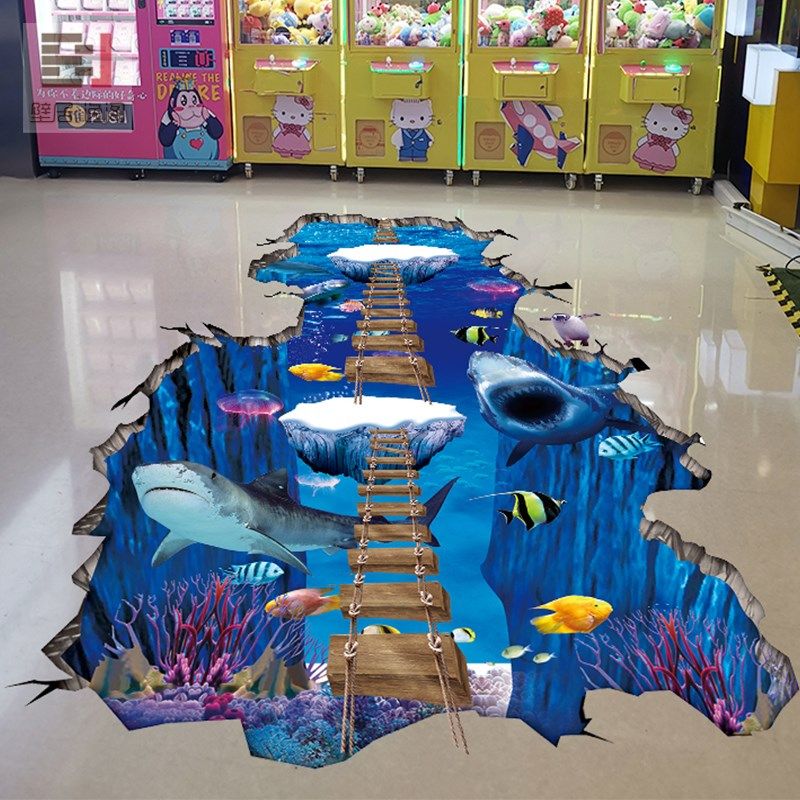 壁居逸阁3d立体海底主题地板画商场地面贴纸海洋地贴自粘防水耐磨