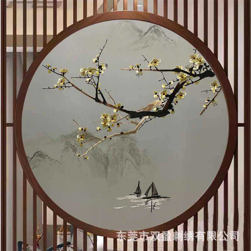 苏绣双面机器刺绣半透明纱布画屏风入户玄关隔断商场展厅屏风挂画