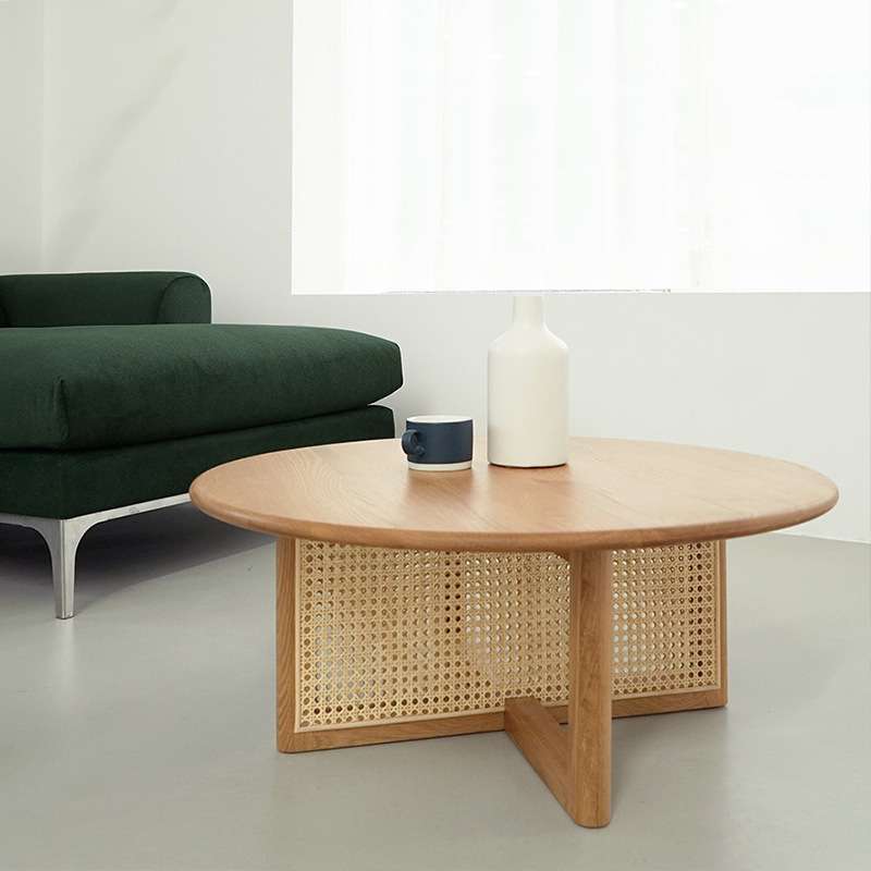 北欧藤编茶几家用客厅小户型简约圆茶几实木设计师茶桌佛山家具