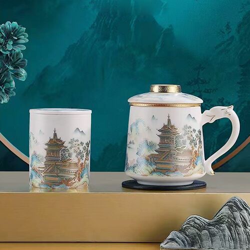 高档白瓷茶杯家用茶水分离泡茶杯带盖陶瓷水杯羊脂玉瓷办公会议杯