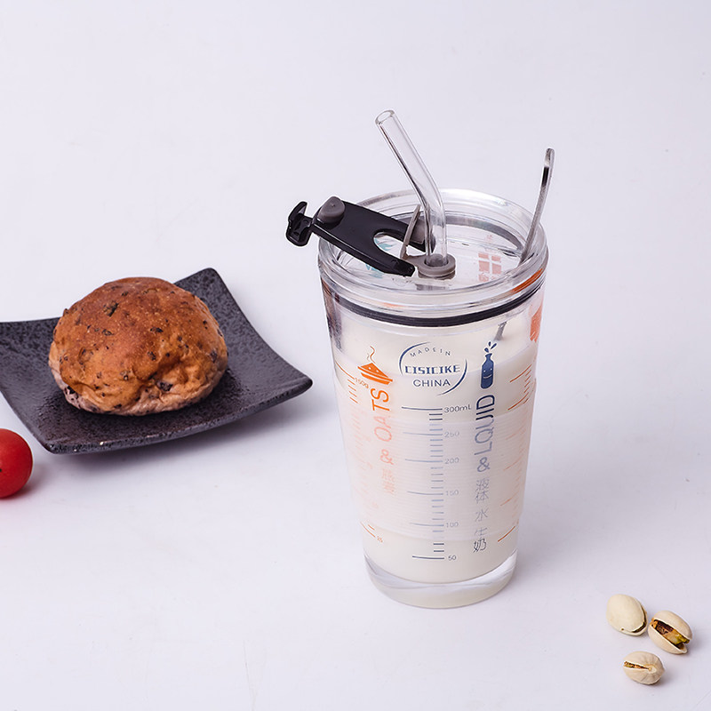 欧式早餐杯燕麦牛奶杯刻度小清新水杯玻璃杯子家用带盖勺吸管量杯