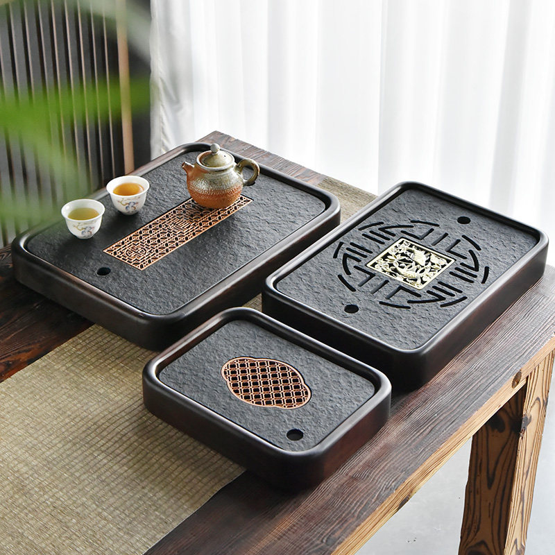 天然乌金石瓷茶盘实木茶盘家用茶具茶台带排水储水单盘小型茶托盘