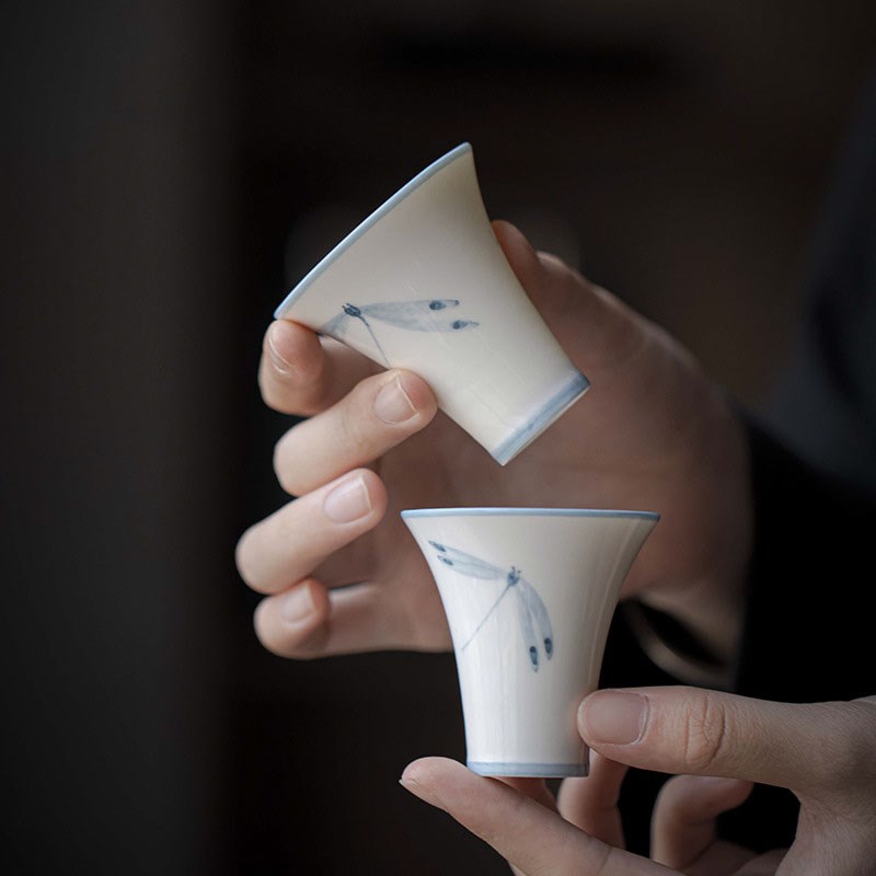 仿古纯手绘蜻蜓马蹄杯中式陶瓷品茗杯茶杯功夫茶具闻香杯