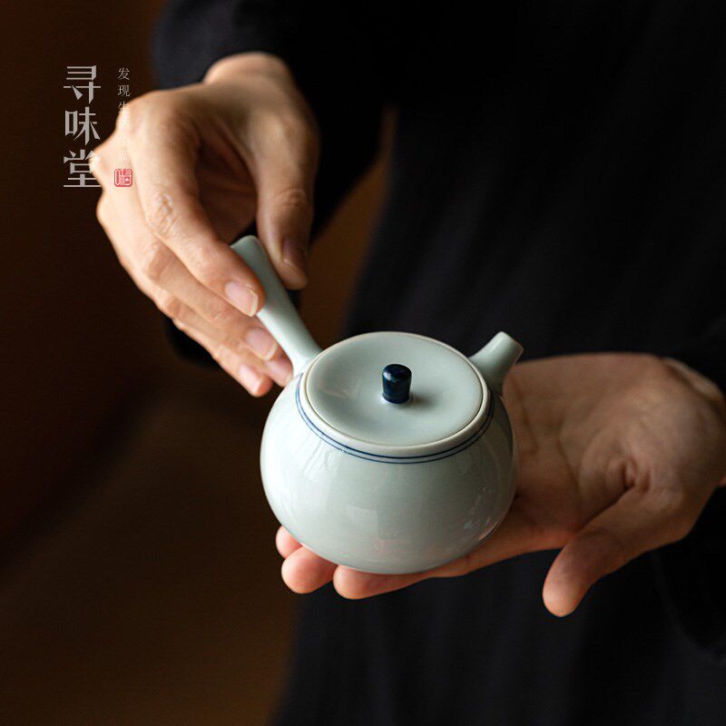 青灰釉手绘弦纹侧把壶复古陶泥素雅小容量茶壶双线陶瓷功夫茶具