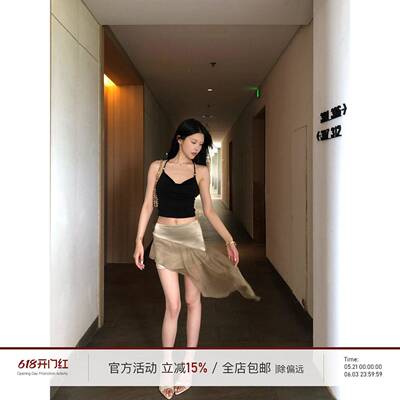 Hydrae禧1嘤 咖色珠光缎面拼接半身裙女夏辣妹不规则下摆包臀短裙