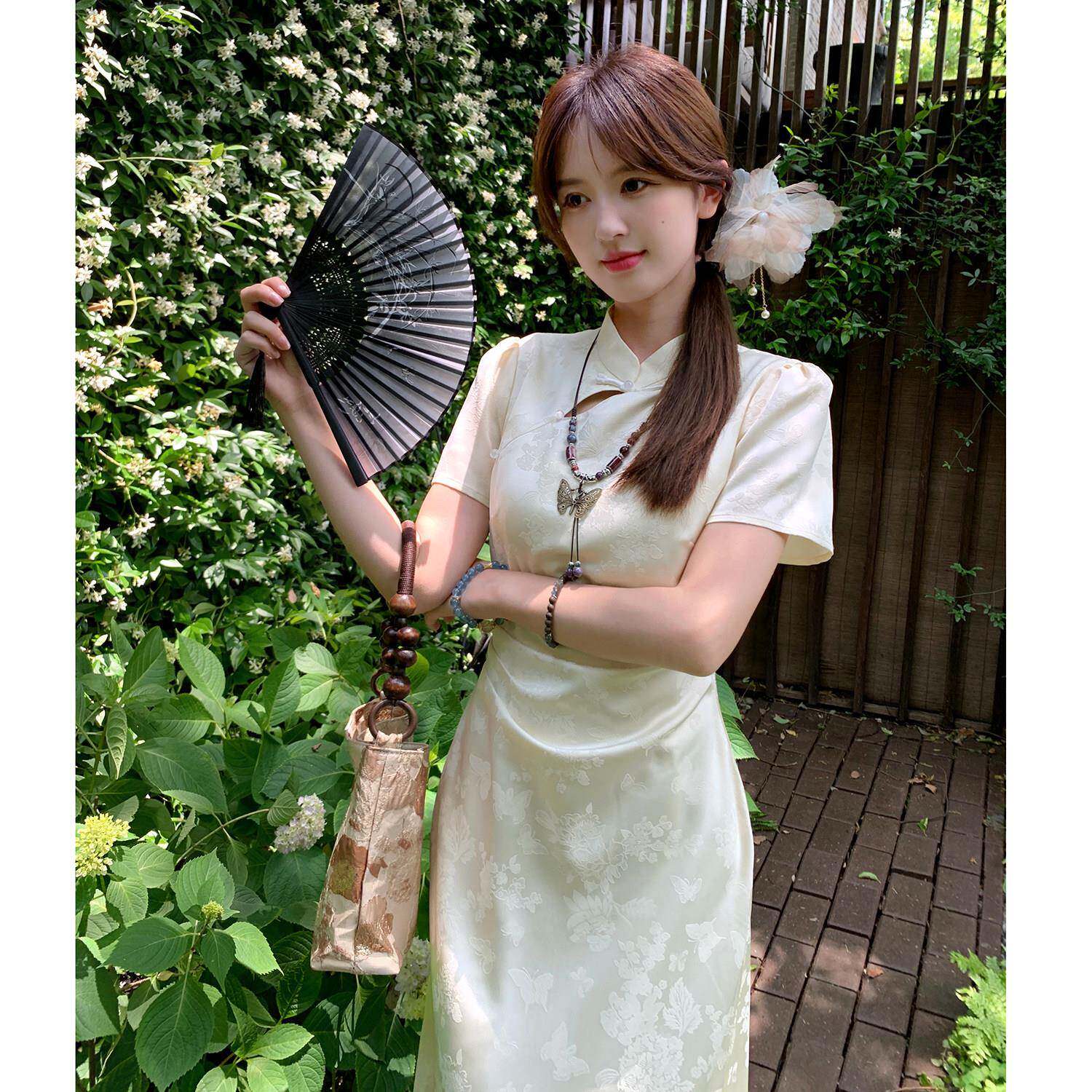 新中式洋装女夏2024白色短袖长版裙子国风收腰鱼尾日常可穿旗袍