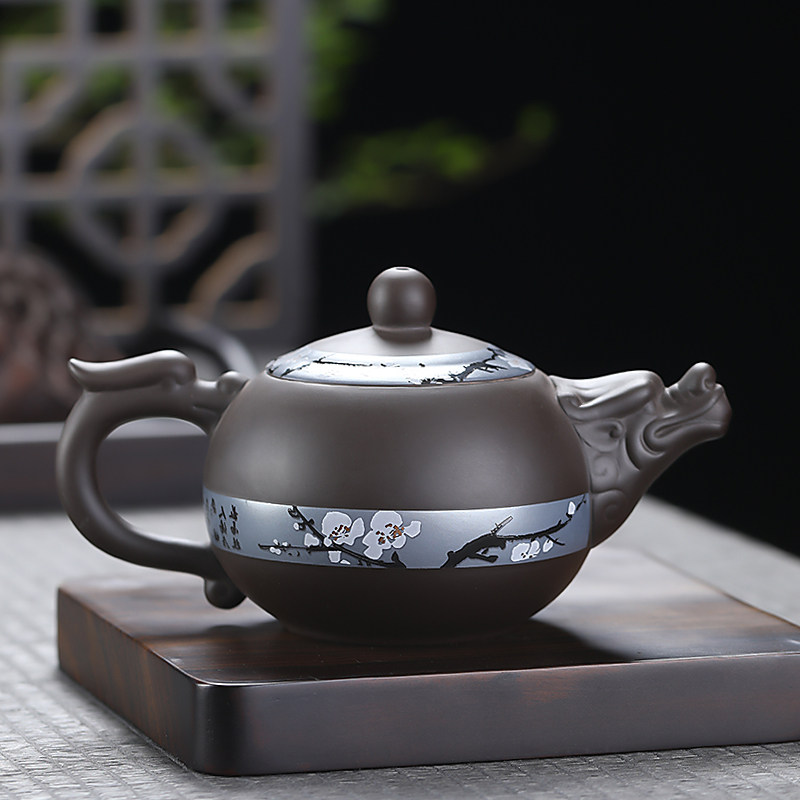 紫砂寒梅龙壶原矿泥功夫茶壶仿手绘泡茶器大容量家用办公过滤单壶