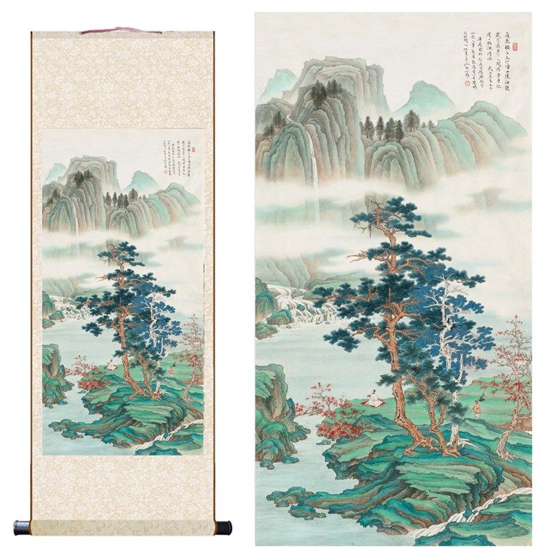任重 观瀑图高清复制国画名家青绿山水装饰画客厅办公室玄关挂画