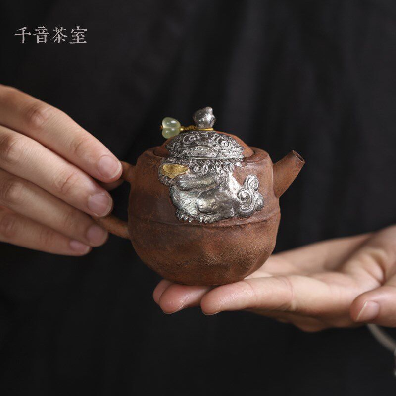 【灰念老岩泥元宝壶】复古手工茶壶鎏银单个泡茶器功夫茶具泡茶壶