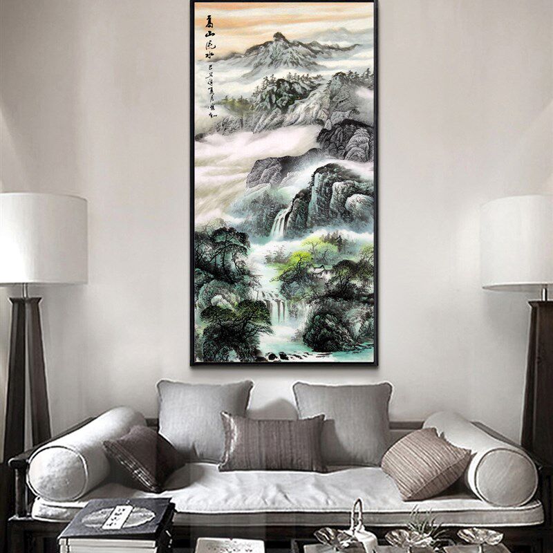 diy数字油画客厅书房玄关大幅风景山水竖版手工填色油彩画装饰画