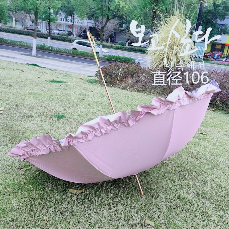 韩版洛丽塔长柄伞女花边粉色少女心纯色加大自动彩胶公主风太阳伞