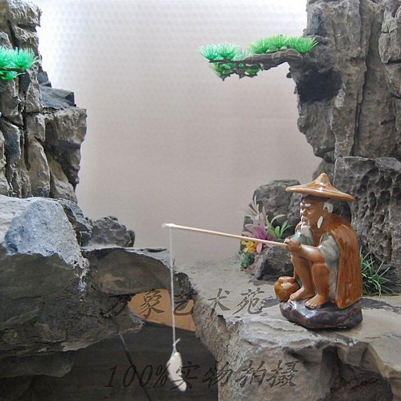 山水盆景茶宠鱼缸造景配件姜太公钓鱼蹲翁渔夫家居陶瓷摆件装饰品