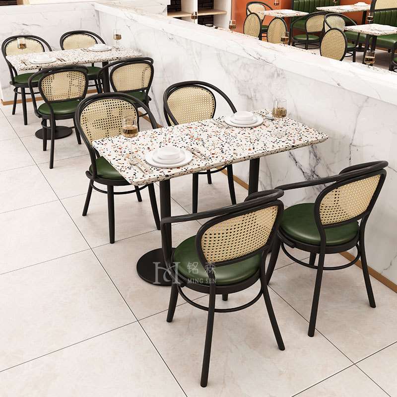 设计师编藤卡座桌椅咖啡厅茶餐厅酒店民宿主题餐厅网红水磨石餐桌