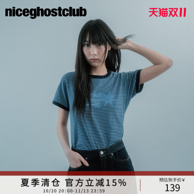 NICEGHOSTCLUB2026年复古风女装短袖夏季条纹撞色罗纹圆领短款T恤