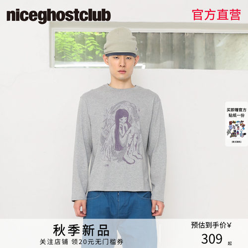 niceghostclub26秋新款星耀天使印花长袖T恤复古潮牌宽松休闲上衣