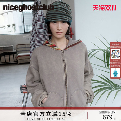 NICEGHOSTCLUBFFATS做旧水洗连帽卫衣韩系帽里宽松落肩拉链上衣