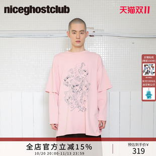 niceghostclub26秋新款人脸素描假两件oversize长袖T恤潮牌宽松粉