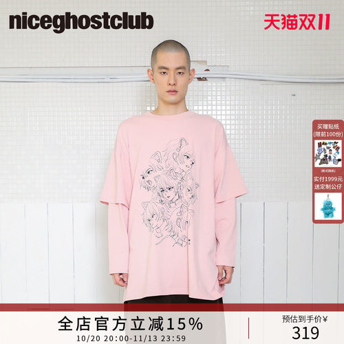 niceghostclub26秋新款人脸素描假两件oversize长袖T恤潮牌宽松粉