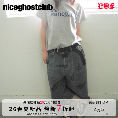 NICEGHOSTCLUB复古休闲女装超宽松百慕大涂鸦牛仔裤