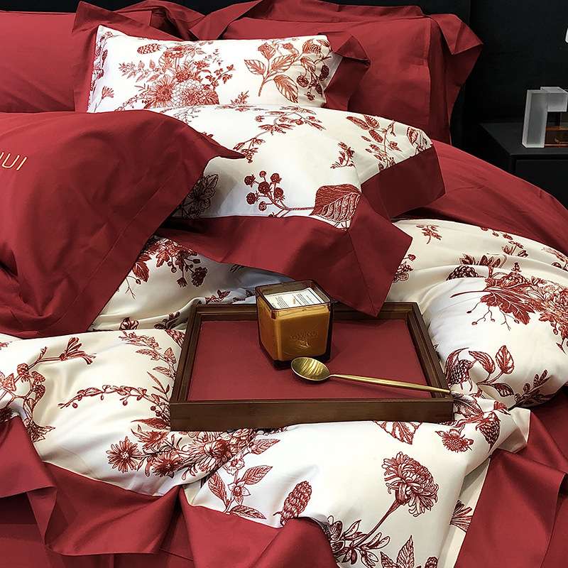 高支轻奢新婚床上四件套红色婚庆100全棉长绒棉结婚床单印花被套4
