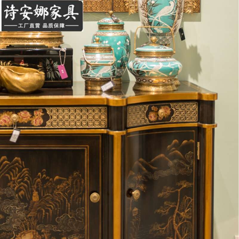 法式奢华中国风玄关欧美式复古手绘棕色风景绘画实木玄关柜