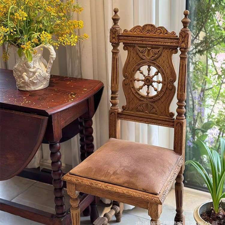 美式乡村实木餐椅手工雕花阳台休闲咖啡椅法式田园风餐椅