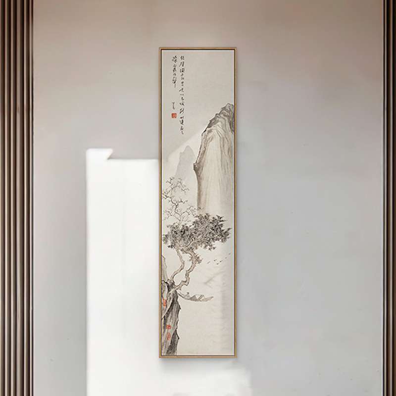 新中式装饰画竖长条大幅三四联屏字画茶室茶楼玄关书房名客厅挂画
