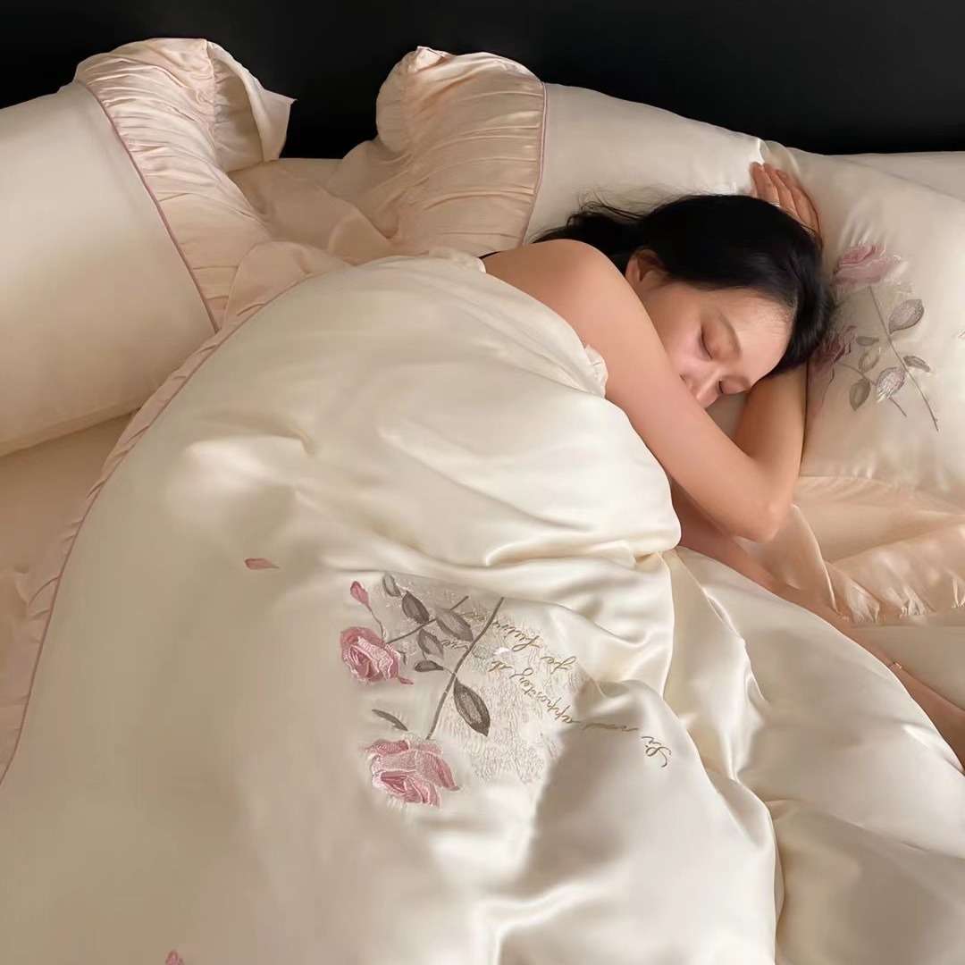 四件套刺绣被套高级长绒棉花卉全棉床上用品少女心法式绣花4件套