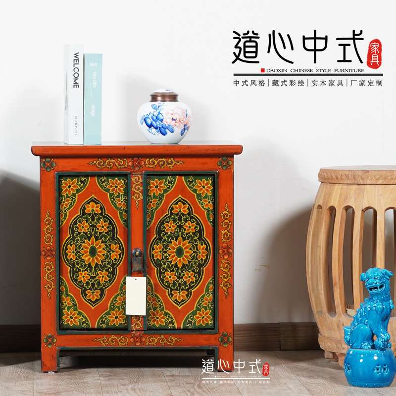 中式实木床头柜小型中古彩绘家具收纳柜沙发小边几储物民宿藏式柜
