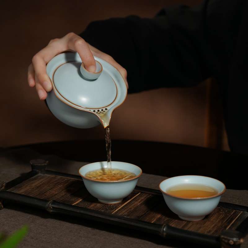 汝窑旅行茶具套装户外便携式快客杯汝瓷手抓盖碗景德镇陶瓷礼