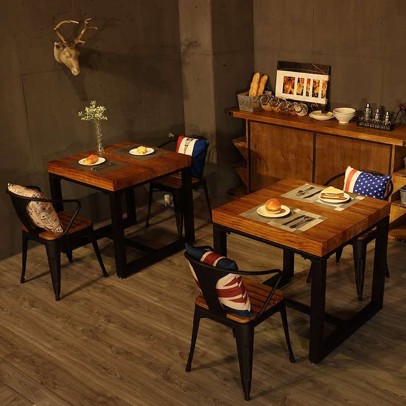 工业风正方形餐桌椅组合铁艺实木四方桌复古奶茶店餐饮店小吃店桌