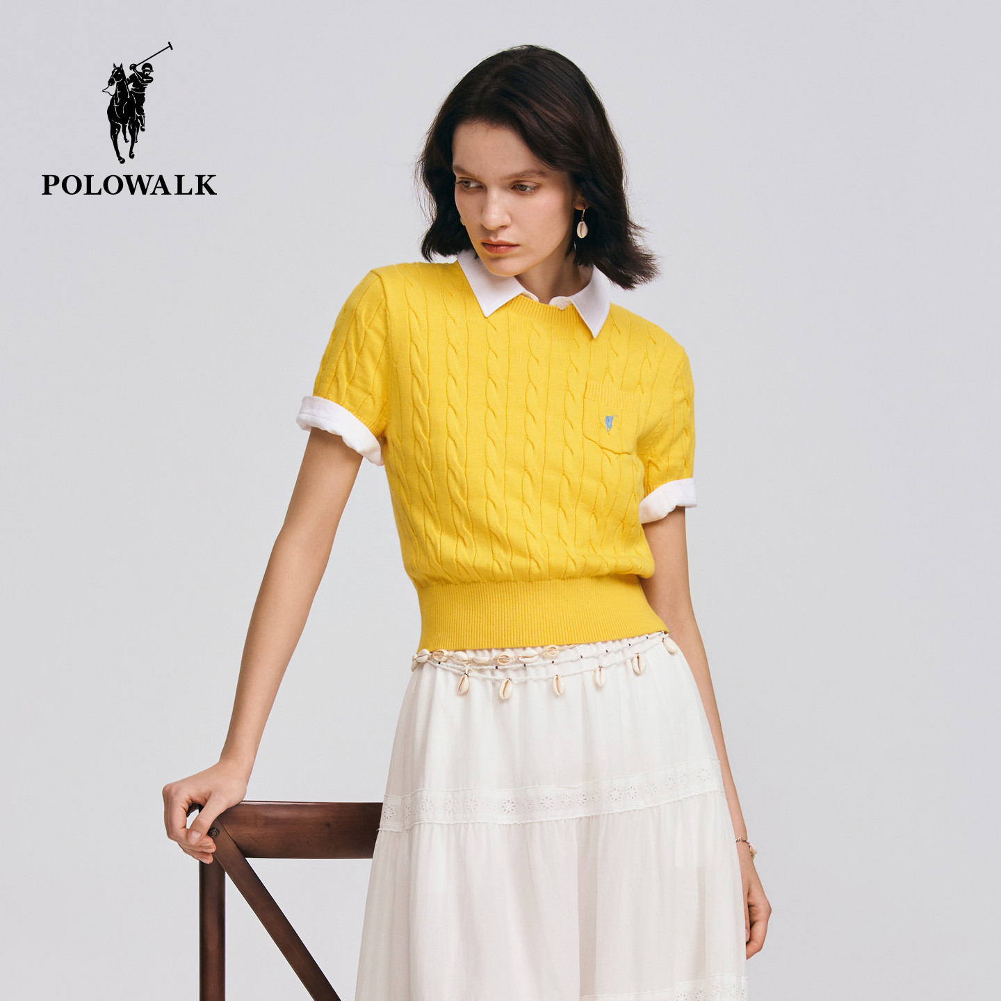POLOWALK女式短袖针织衫2026春季新品简约圆领绞花针织衫套头上衣