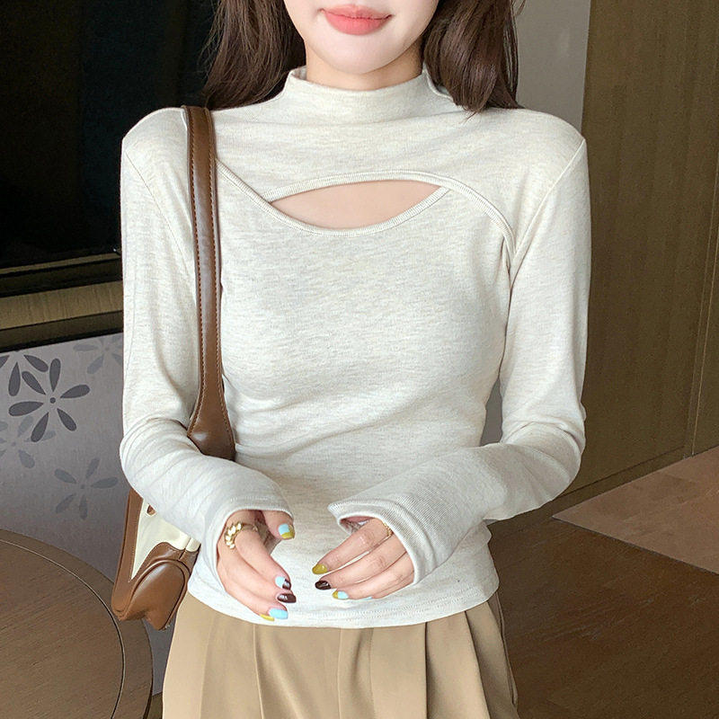 秋冬新款小心机打底衫女拼接挖洞蕾丝衫/雪纺衫