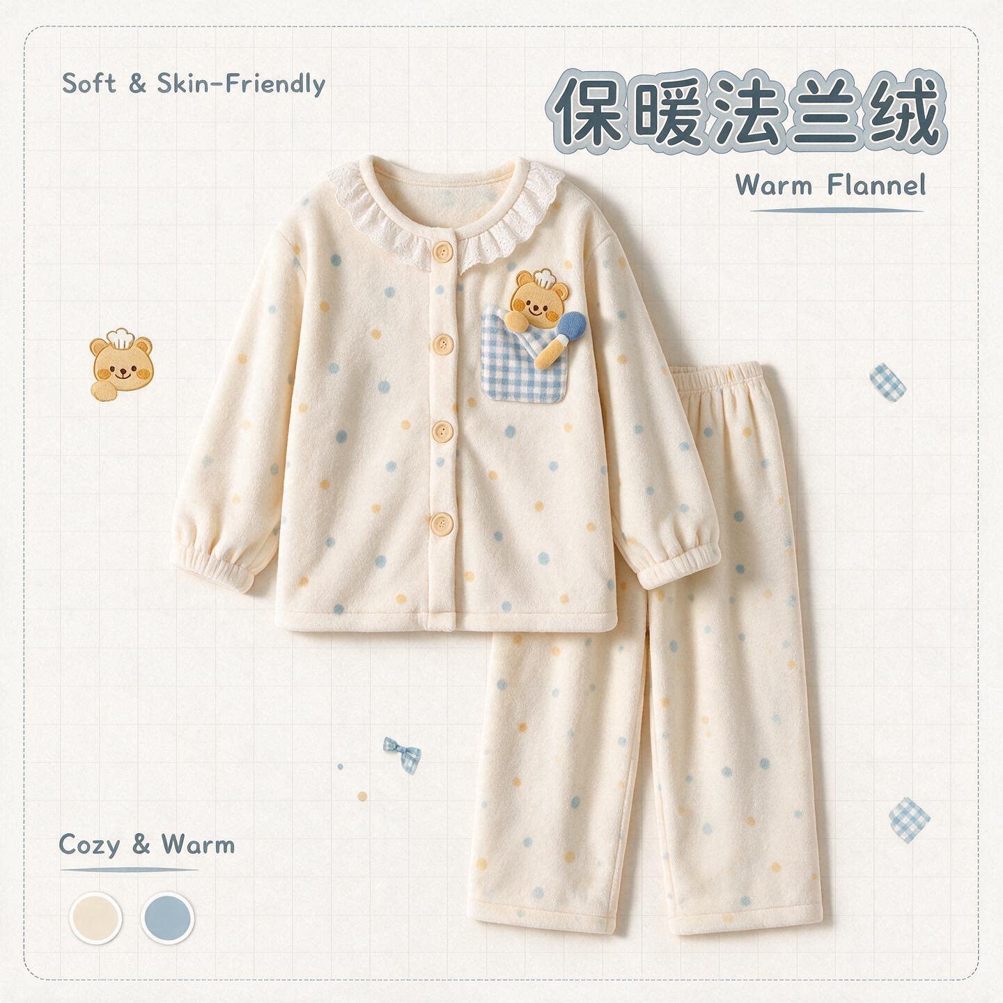 奶油风可爱女童加绒家居服卡通小熊法兰绒加厚保暖珊瑚绒女孩睡衣