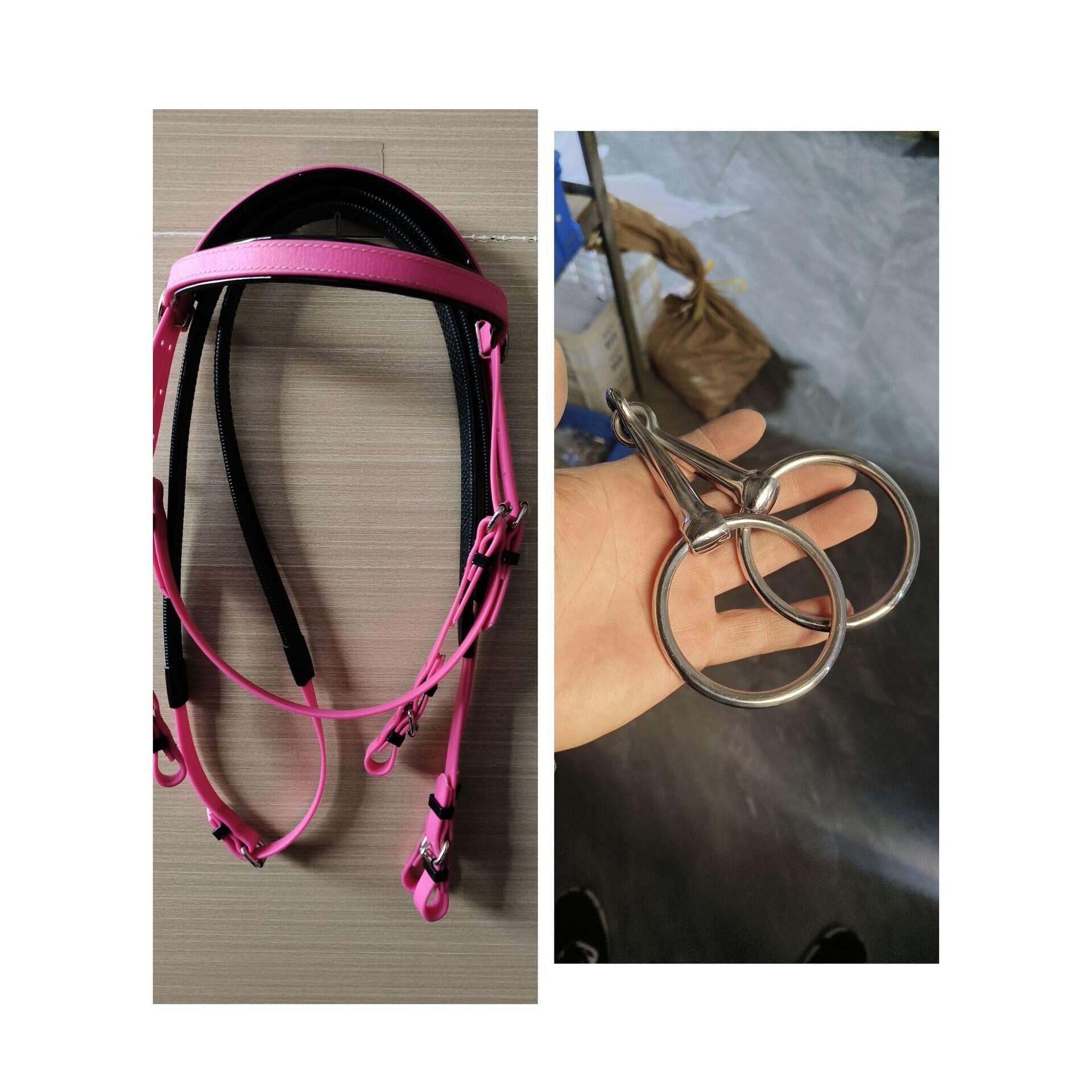 PVC粉色水勒缰绳衔铁三件套小马大马结实用笼头马具配件骑马套装