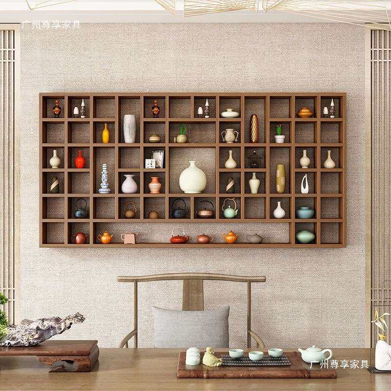 客厅展示架实木格子架壁挂造型置物架子隔板茶壶杯子架墙上博古架